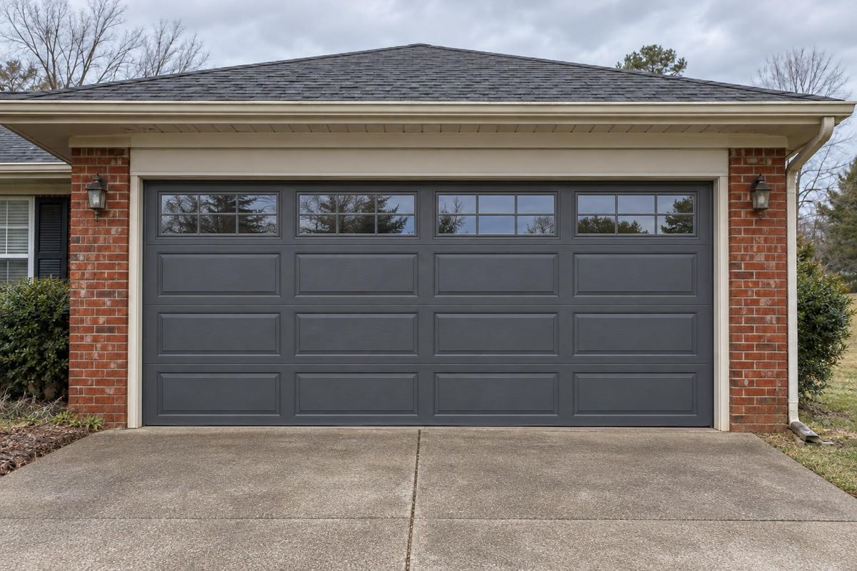 Faded double door, now a modern charcoal, after the new garage door