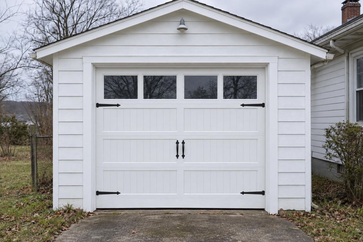 Weathered single door, after the new garage door