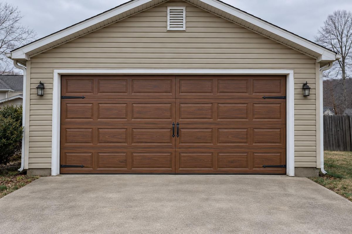 Rusty, dented double door, after the new garage door