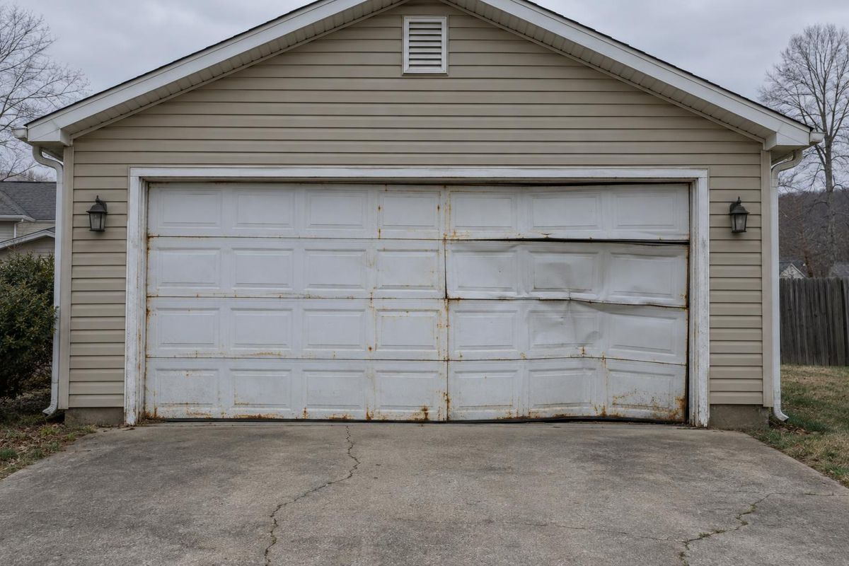 Rusty, dented double door, before